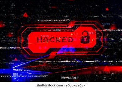Hacked Laptop with red HACKED warning with a lock icon, overlaid with binary code and glitch effects in red and blue