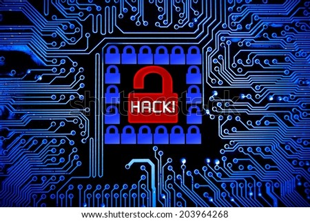 hacked symbol on computer circuit board stock illustration royaltyhacked symbol on computer circuit board with open red padlock