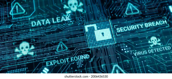 Hacker Attack Computer Hardware Microchip While Process Data Through Internet Network, 3d Rendering Insecure Cyber Security Exploit Database Breach Concept, Virus Malware Unlock Warning Screen