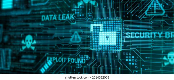 Hacker Attack Computer Hardware Microchip While Process Data Through Internet Network, 3d Rendering Insecure Cyber Security Exploit Database Breach Concept, Virus Malware Unlock Warning Screen