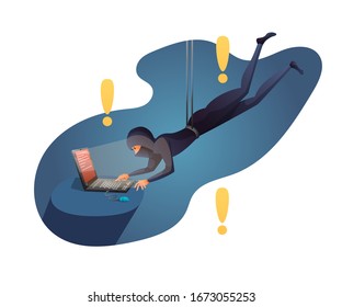 Hacker attack, trojan illustration. Sneaky criminal working with laptop cartoon character. Virus, spy software installation. Malware protection, cybersecurity, data protection. Raster copy