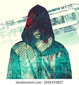 Hacker boy with hood, power of programming. Cutting-edge technology, use of artificial intelligence to expand and speed up programming processes. Illegal acquisition of information. 3d rendering