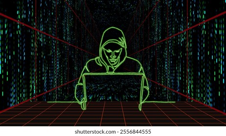Hacker in Digital World: Neon Data Streams and Cyber Security. Continuous Line Drawing. 3D illustration. 3D Illustration