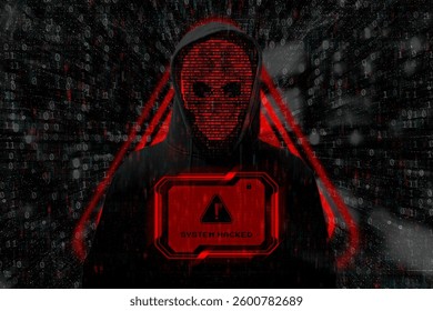 Hacker in hoodie with a digital skull mask stands against a binary code background, displaying a red SYSTEM HACKED warning with an alert symbol