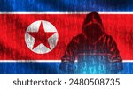 Hacker from north Korea. Human in hood with computer. Hacker with north Korea flag. Cyber criminal from binary code. Crimes on internet. Hacker works for north Korea. Digital attacker. 3d image