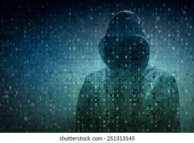  hacker over a screen with binary code