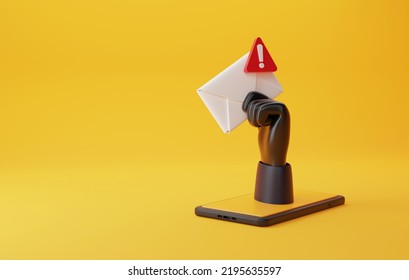 Hacker's Hand Holding Envelope With Spam Message Icon, Mailing, Email Hack, Online Scam Malware Or Mobile Error Alerts. 3d Render Illustration.