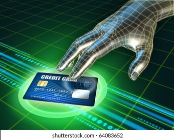 Hacker's Hand Trying To Steal A Credit Card. Digital Illustration.