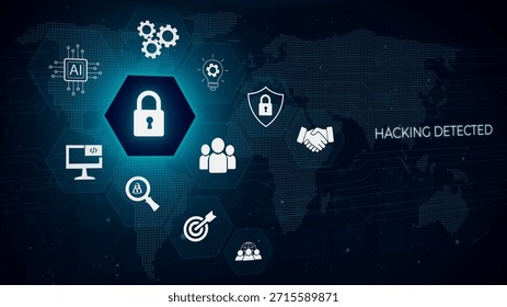 Hacking detected concept with various security and data protection icons displayed on a dark world map background.