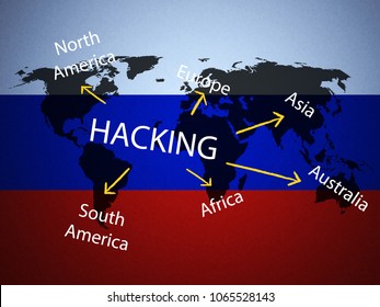 Hacking Map And Russian Flag 3d Illustration. American Democratic Political Campaign Hacked By Online Cyber Criminals.