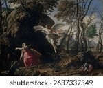 Hagar and Ishmael in the Wilderness (1665) by Francesco Cozza. Angel in vintage illustration artwork. Vintage Christian art illustration.