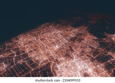 The Hague Aerial View At Night. Top View On Modern City With Street Lights. Satellite View With Glow Effect