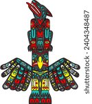 Haida art style illustration of a wolf and eagle totem pole, a Northwest Coast art, poles, posts or pillars, with symbols or figures on top of each other done in color doodle art .