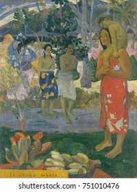 Hail Mary , by Paul Gauguin, 1891, French Post-Impressionist painting, oil on canvas. Gauguin devoted this first major Tahitian canvas, to a Christian theme, with an angel with yellow wings revealing