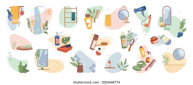 Hair Care Products Set Isolated Flat Cartoon Icons. Bathroom Shower, Towel And Haircare Accessories, Shampoo And Essential Oil, Comb Brush, Mirror And Natural Herbs Plants Cosmetics Ingredients