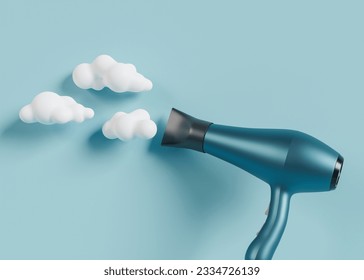 Hair dryer on blue background with white clouds. Professional hair style tool. Realistic hairdryer for hairdresser salon or home usage. Tool for drying hair. 3D render. 3D Illustration - Powered by Shutterstock