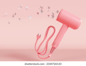 Hair dryer on pink background with flying flowers. Professional hair style tool. Realistic hairdryer for hairdresser salon or home usage. Tool for drying hair. 3D render. 3D Illustration - Powered by Shutterstock