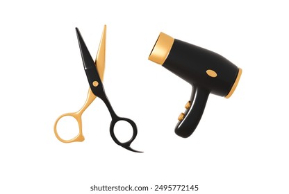 Hair dryer and scissors in the white background, 3d rendering. 3d illustration. - Powered by Shutterstock