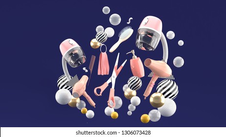 Hair dryers, scissors and combed among many colorful balls on a purple background.-3d rendering. - Powered by Shutterstock