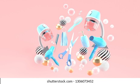 Hair dryers, scissors and combed among many colorful balls on a pink background.-3d rendering. - Powered by Shutterstock