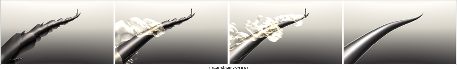 Hair repair technology. 3d illustration showing the action of shampoo or hair smoothing products. Comparison of the damaged hair structure with split ends before and strong, smooth, shining hair after