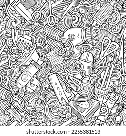 Hair Salon hand drawn doodles seamless pattern. Hairstyle background. Cartoon hairdressing coloring page design. Sketchy raster barbershop illustration - Powered by Shutterstock