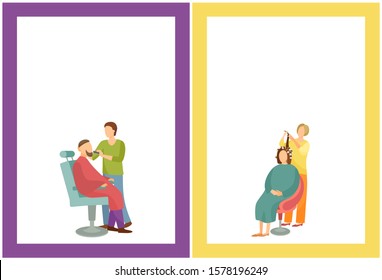 Hair styling and barber working with man client posters set with text sample raster. Beauty care and stylists with male and female, service for people - Powered by Shutterstock