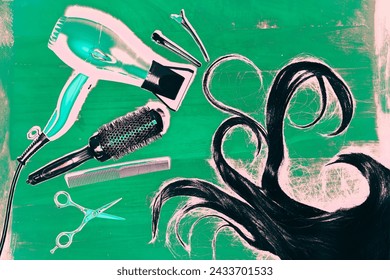 Hairdresser tools and piece of dark hair on the green background. Illustration. - Powered by Shutterstock