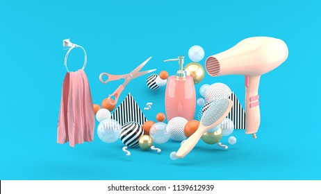 Hairdressing amidst colorful balls on blue background.-3d rendering. - Powered by Shutterstock