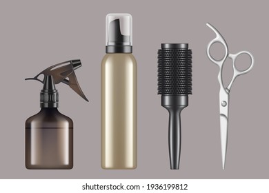 Hairdressing tools. Haircut hairstylist barbershop items hair dryer scissors shaving machine realistic - Powered by Shutterstock