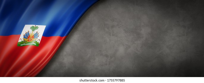 Haiti flag on concrete wall. Horizontal panoramic banner. 3D illustration