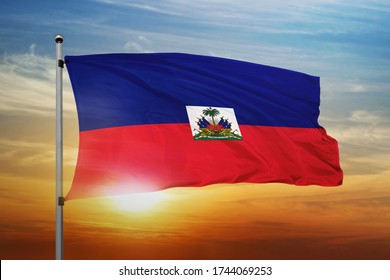 Haiti flag waving with cloudy blue sky. Haiti realistic 3D waving flag.
