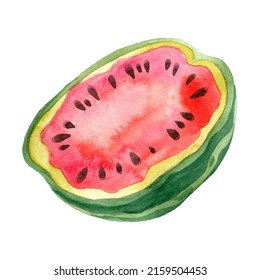 Half of big ripe watermelon painted in watercolor. Berry illustration with seeds for seasonal menu, resort festival or design postcard. Childrens fruit dessert on texture paper. Decoration for summer