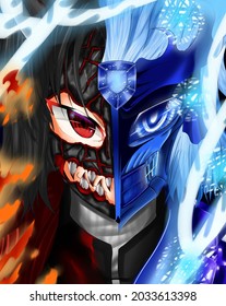 Half Blue Ice Fire In Anime Design