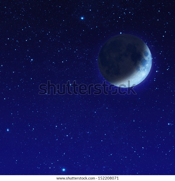 half blue moon or crescent moon with star at dark\
night sky