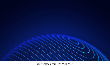 Half of blue sphere on blue background. Blue orb on half of screen. neon vector circle, balls light. Round geometric figure. Spherical shape of lines.