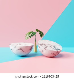 Half Circle Marble With Tropical Plants Monstera Leave On Colorful Background. 3d Rendering