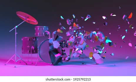 Half Destroyed Drum Kit With Flying Debris In Neon Lighting, 3d Illustration