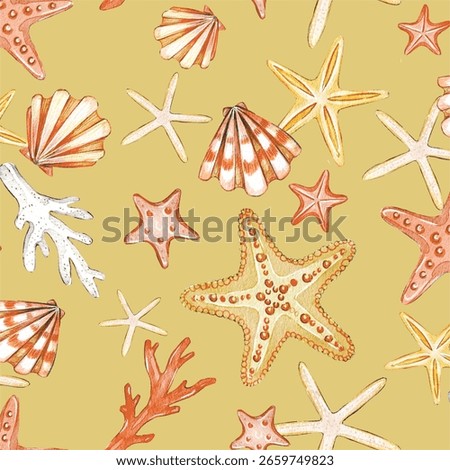 Half drop seamless pattern seashells, sea star, starfish, corals. Hand painted watercolor illustration repeat design for clothing, fabric, linen, swimwear. Warm modern neutral colors. Sea side theme.