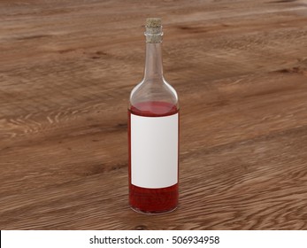 Half Empty Bottle Of Red Wine With Blank Label Isolated On Wood Background. 3d Render