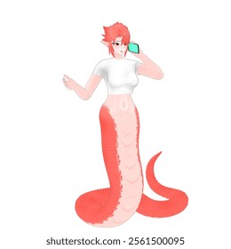 Half Snake Half Human 3D Model Character. A Slithery Viper stands with a cellphone held in his left hand and his right hand is open an expression of ignorance when talking. Cartoon Illustration 3D 