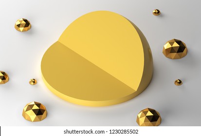 Half Yellow Sphere In Section On White Background. 3d Model Of Geometric Figure. Multifaceted Pulosari Around Incision Hemisphere. 3D Rendering