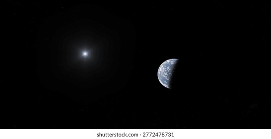 A half-lit Earth faces a distant sun in deep space, evoking wonder and isolation; 3d Rendering