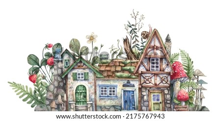Half-timbered, forest houses in thickets of strawberries, ferns and mushrooms watercolor illustration. Rural, forest landscape with houses and wild plants.