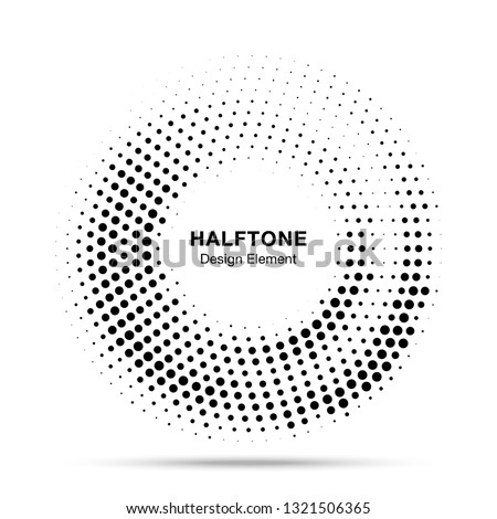 Halftone circle dotted frame circularly distributed. Abstract dots logo emblem design element. Round border Icon using random halftone circle dot raster texture. Half tone circular background pattern.