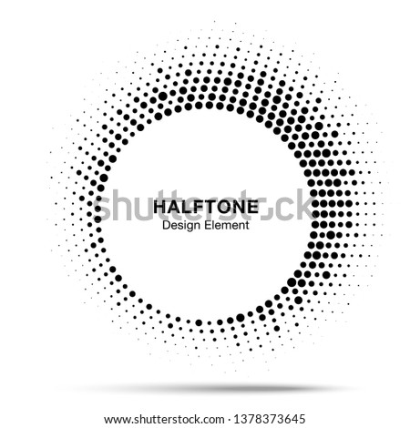 Halftone circle frame abstract dot logo emblem design element. Half tone circular icon. Original round border using halftone circle dots raster texture. 