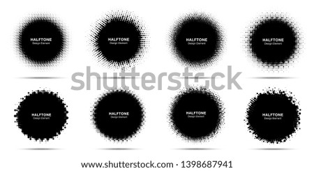 Halftone circle frame abstract dots logo emblem design element set. Half tone circular icon collection. Grunge round border using halftone circle dots raster texture. 