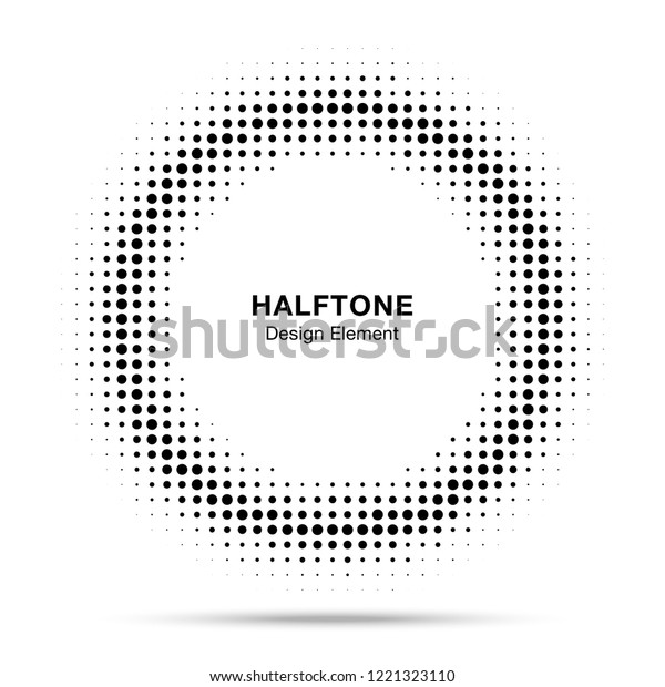 Halftone circle frame dots logo emblem.\
Design element for medical, treatment, cosmetic. Round border Icon\
using halftone circle dots raster texture.\
