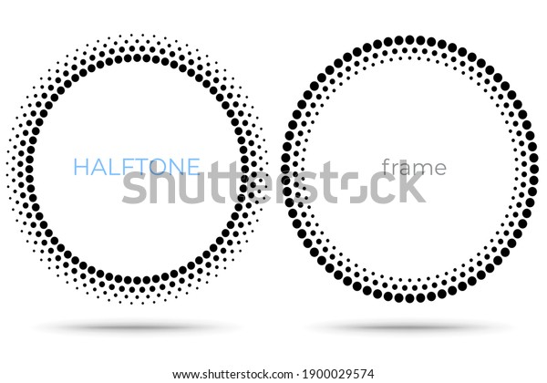 Halftone\
circle frame dots logo emblem, design element for digital devices,\
medical, treatment, cosmetic. Round border Icon using halftone\
circle dots raster texture, isolated on\
white.