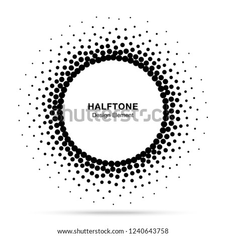 Halftone circular dotted frame. Circle decorative dots isolated on the white background. Logo design element for medical, treatment, cosmetic. Round border using halftone circle dots texture. 